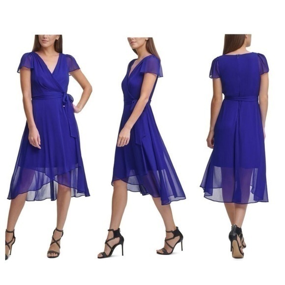 NWT DKNY Ruffled Flutter-sleeve Faux-wrap Dress 4 I17 - Picture 1 of 13